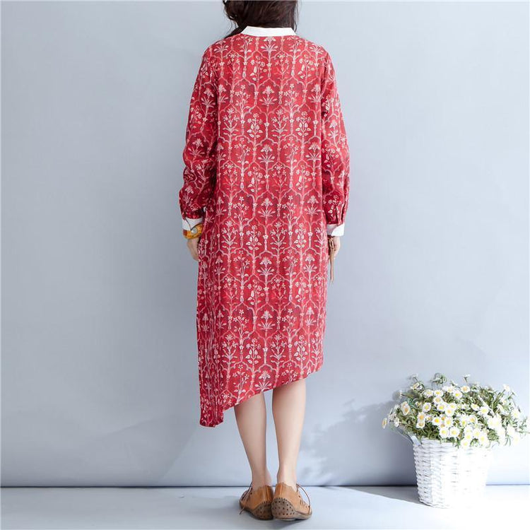Printing Stand Collar Autumn Long Sleeve Red Dress For Women - Omychic