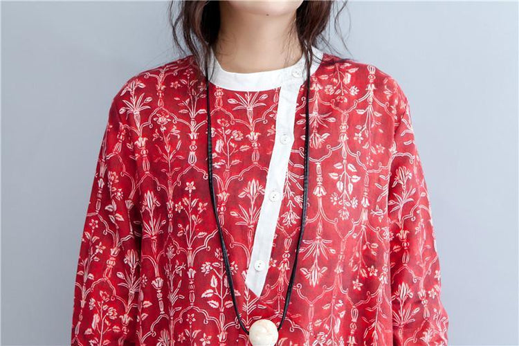 Printing Stand Collar Autumn Long Sleeve Red Dress For Women - Omychic