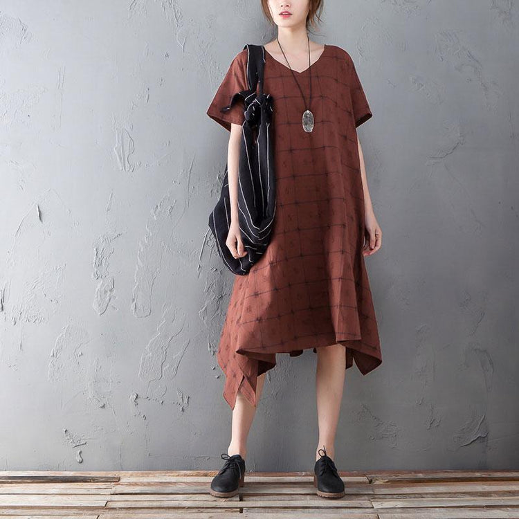 Summer V Neck Short Sleeve Loose Plaid Dress - Omychic