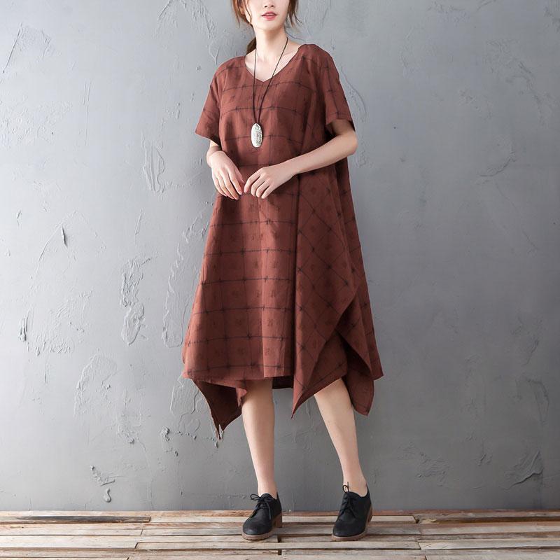 Summer V Neck Short Sleeve Loose Plaid Dress - Omychic