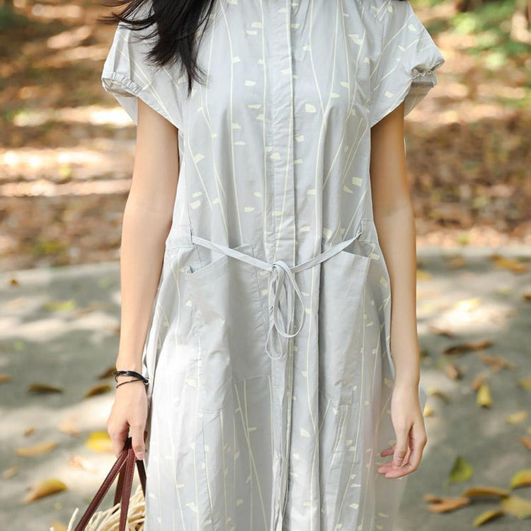 Women Summer Polo Collar Pockets Printing Lacing Short Sleeve Dress - Omychic