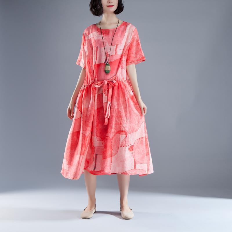 Short Sleeve Lacing Summer Pleated Casual Red Dress - Omychic
