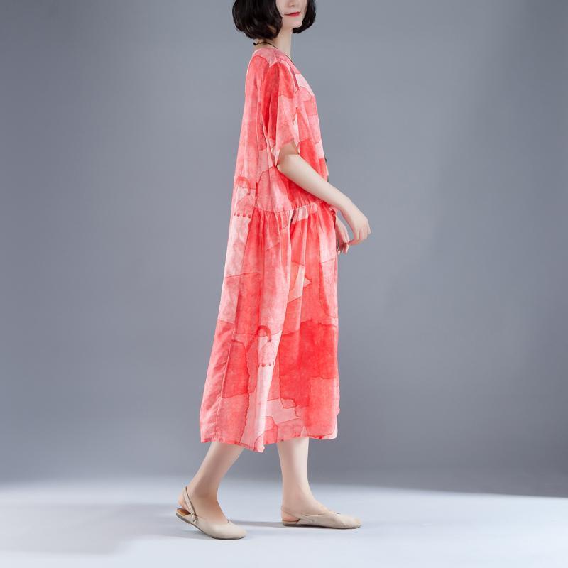Short Sleeve Lacing Summer Pleated Casual Red Dress - Omychic