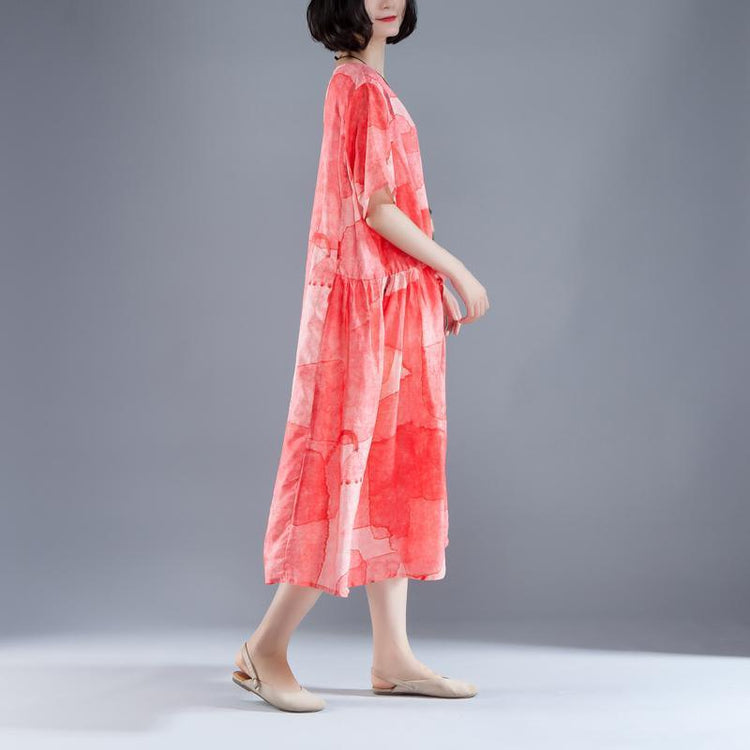 Short Sleeve Lacing Summer Pleated Casual Red Dress - Omychic
