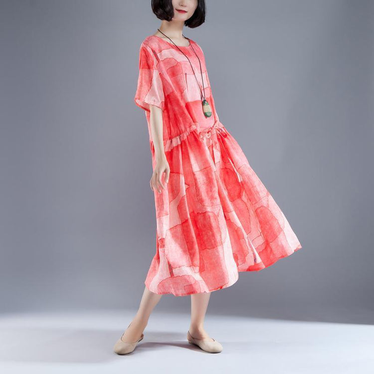 Short Sleeve Lacing Summer Pleated Casual Red Dress - Omychic