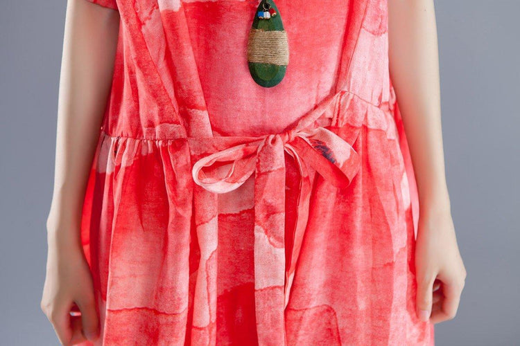 Short Sleeve Lacing Summer Pleated Casual Red Dress - Omychic