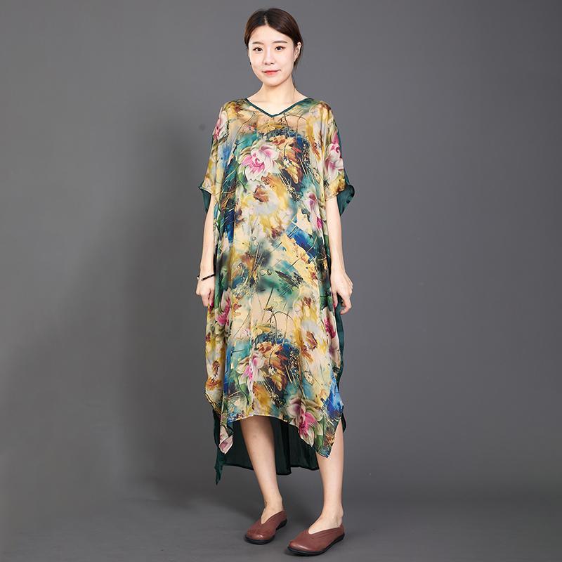 Irregular Hem Floral Printed Silky Dress - Omychic