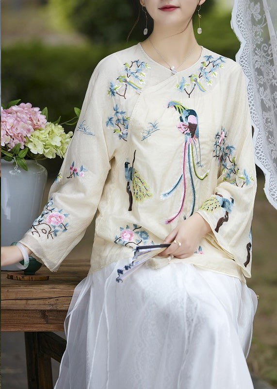 Italian Apricot Embroideried Button Silk Shirts Long Sleeve