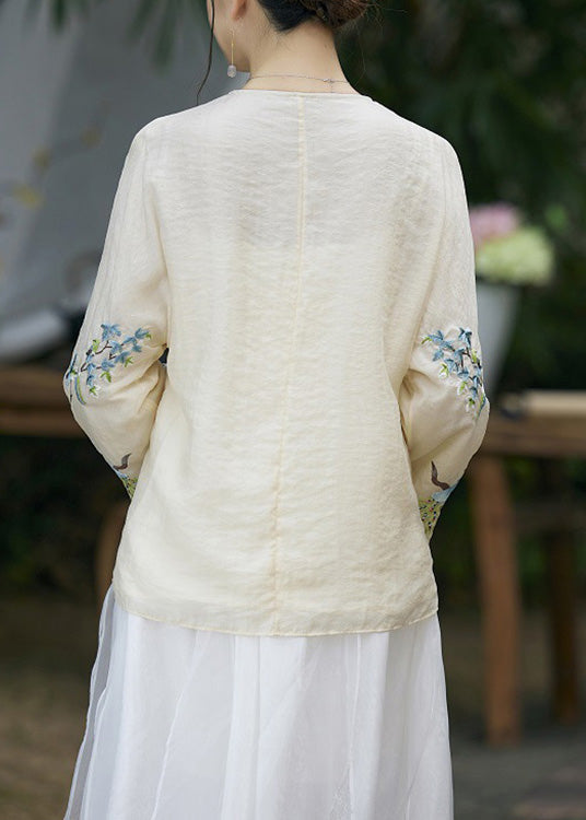 Italian Apricot Embroideried Button Silk Shirts Long Sleeve