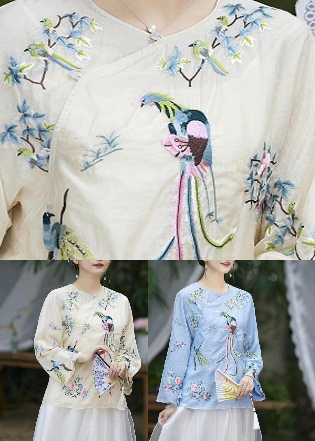 Italian Apricot Embroideried Button Silk Shirts Long Sleeve