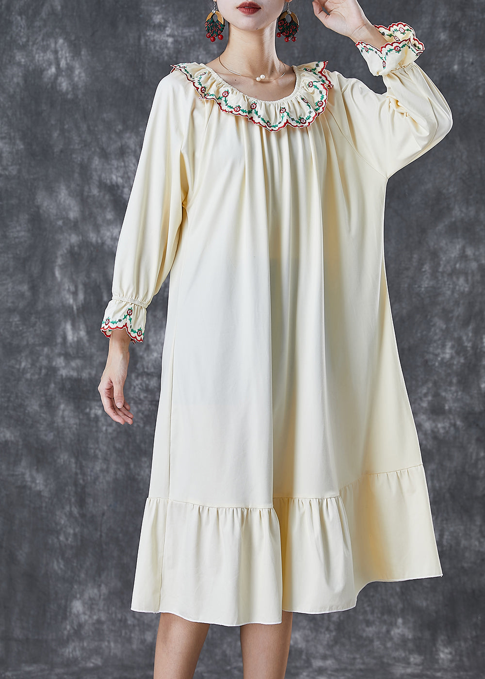 Italian Beige Embroideried Ruffles Cotton Maxi Dresses Fall