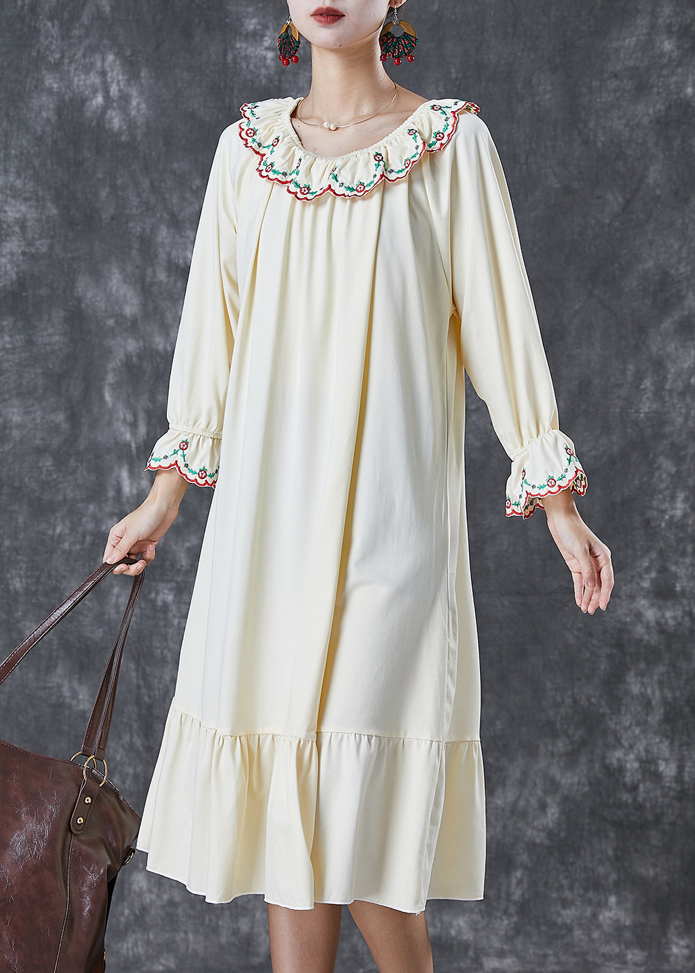 Italian Beige Embroideried Ruffles Cotton Maxi Dresses Fall