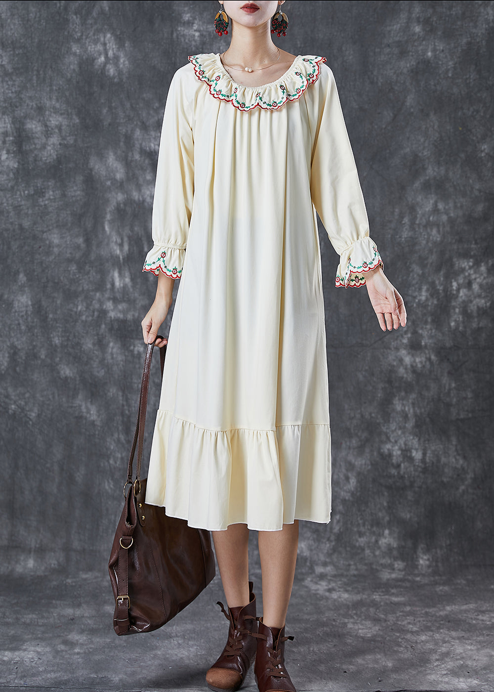 Italian Beige Embroideried Ruffles Cotton Maxi Dresses Fall