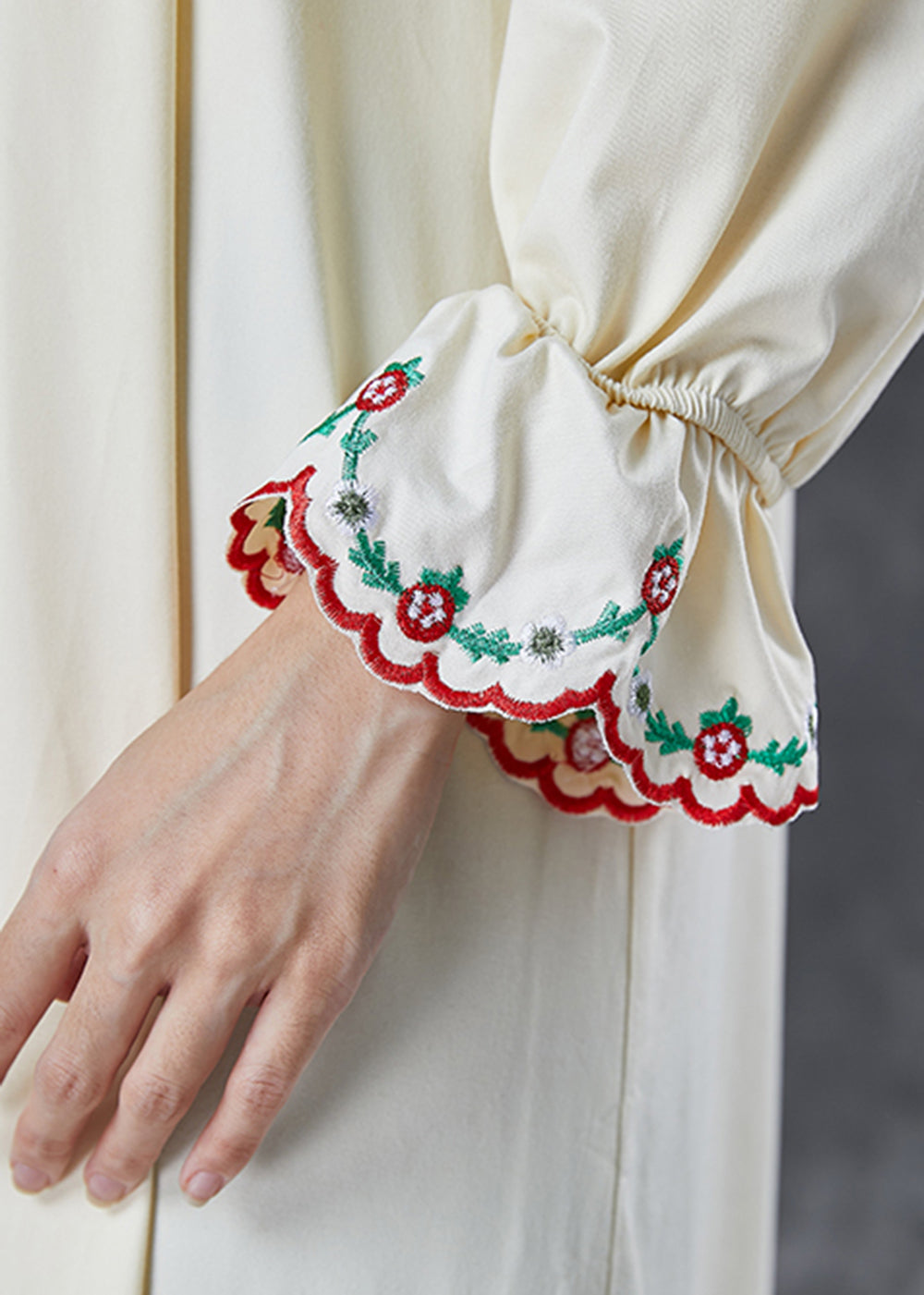 Italian Beige Embroideried Ruffles Cotton Maxi Dresses Fall