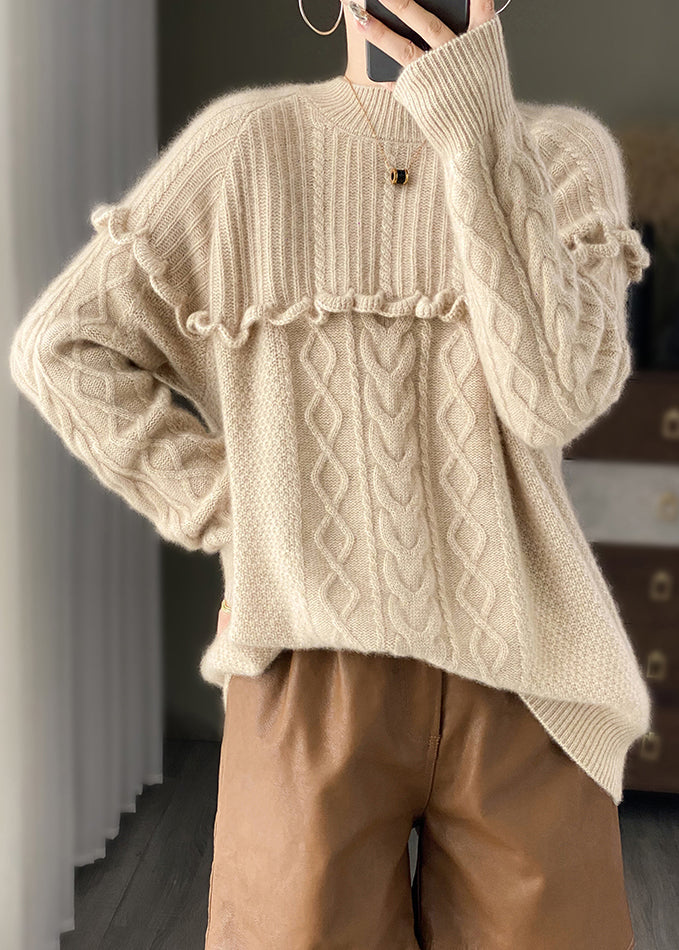 Italian Beige O Neck Ruffled Patchwork Woolen Knit Sweater Spring