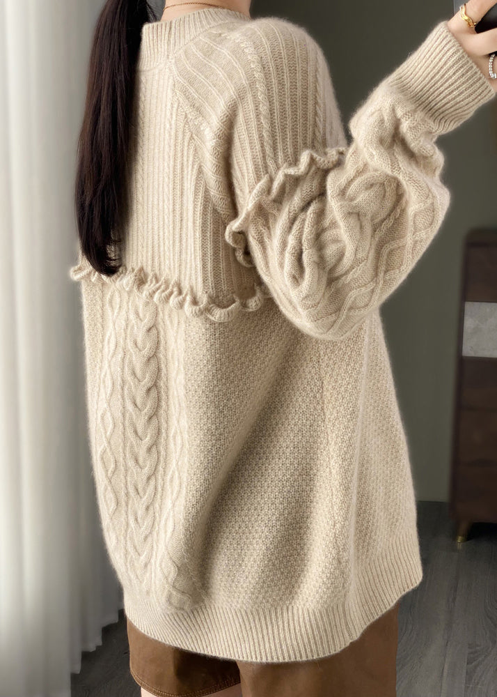 Italian Beige O Neck Ruffled Patchwork Woolen Knit Sweater Spring