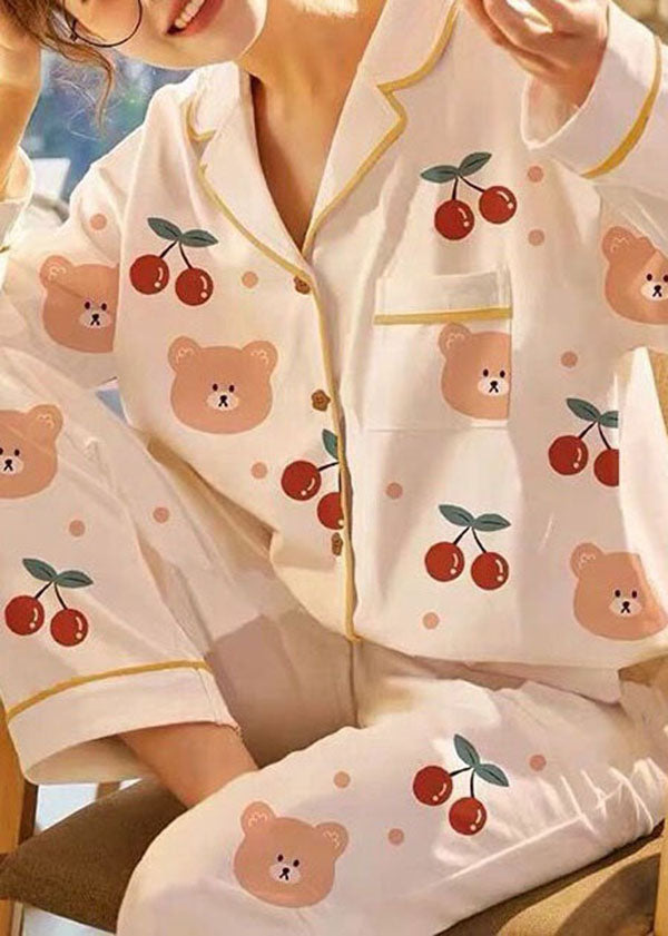 Italian Beige Print Cotton Pajamas Two Piece Set Clothing Spring
