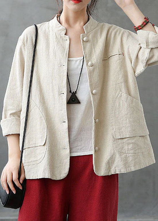 Italian Beige Stand Collar Pockets Patchwork Linen Coats Spring