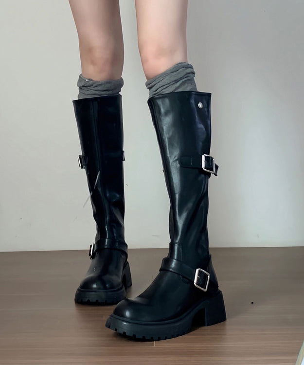 Italian Black Buckle Strap Splicing Chunky Long Boots
