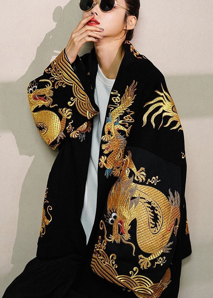 Italian Black Dragon Embroideried Oversized Cotton Cardigan Fall