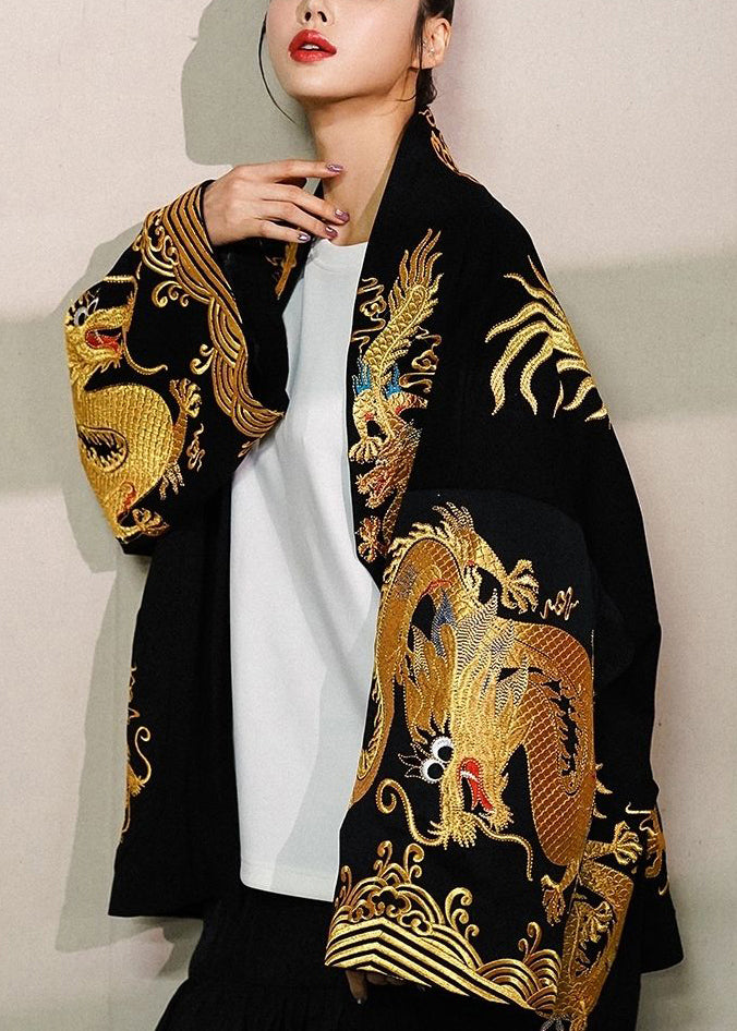 Italian Black Dragon Embroideried Oversized Cotton Cardigan Fall