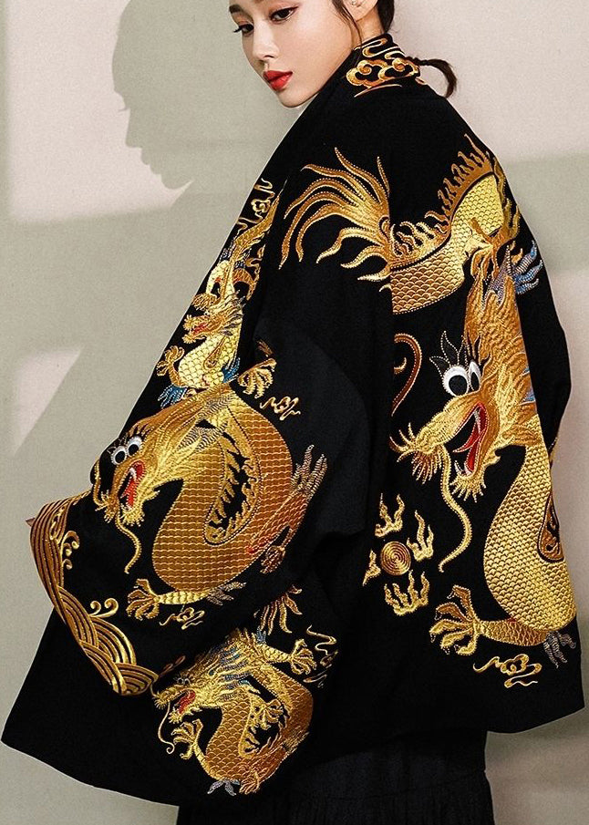 Italian Black Dragon Embroideried Oversized Cotton Cardigan Fall