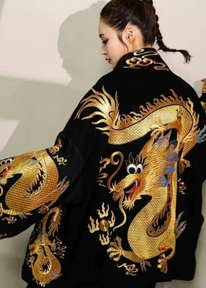 Italian Black Dragon Embroideried Oversized Cotton Cardigan Fall