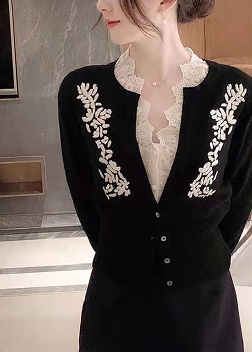 Italian Black Embroideried Button Patchwork Cotton Knit Cardigan Fall