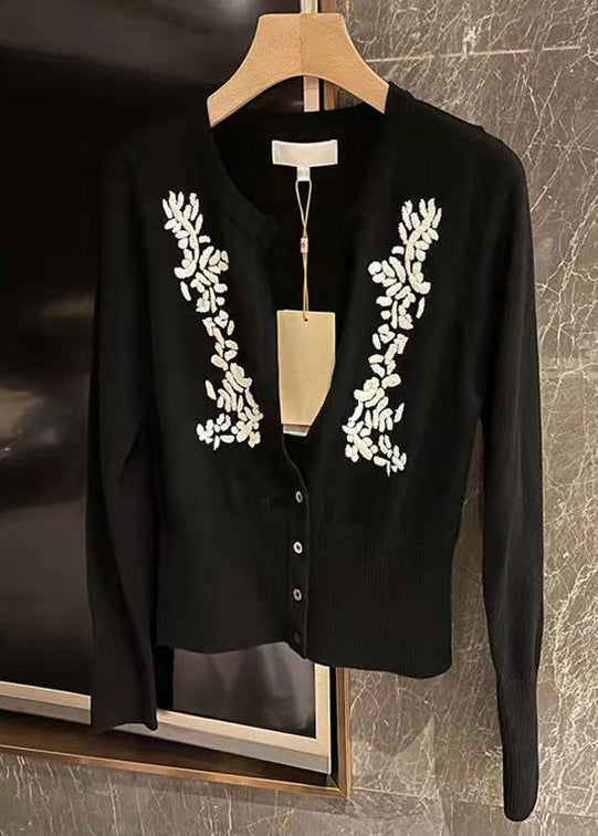 Italian Black Embroideried Button Patchwork Cotton Knit Cardigan Fall