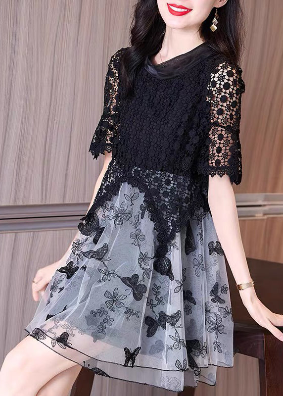 Italian Black Embroideried Hollow Out Lace Patchwork Tulle Dresses Summer