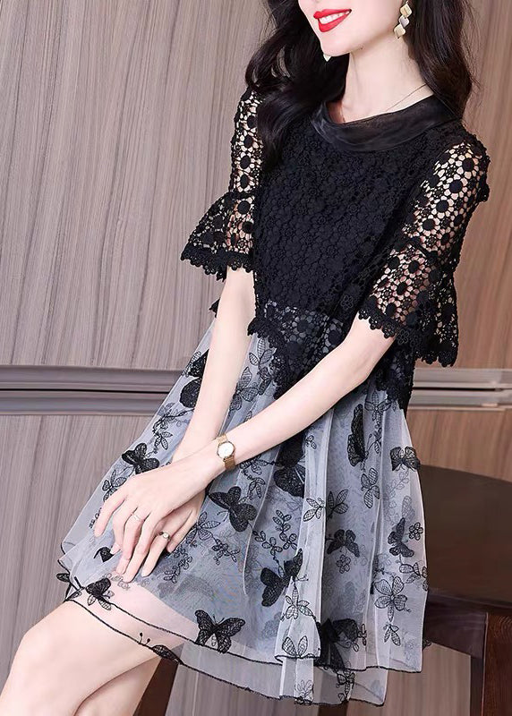 Italian Black Embroideried Hollow Out Lace Patchwork Tulle Dresses Summer