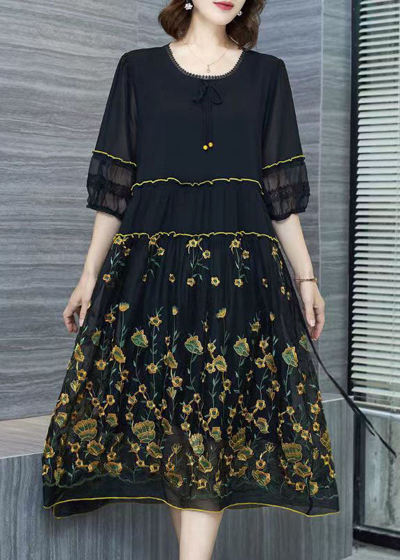 Italian Black Embroideried Wrinkled Patchwork Chiffon Dresses Summer