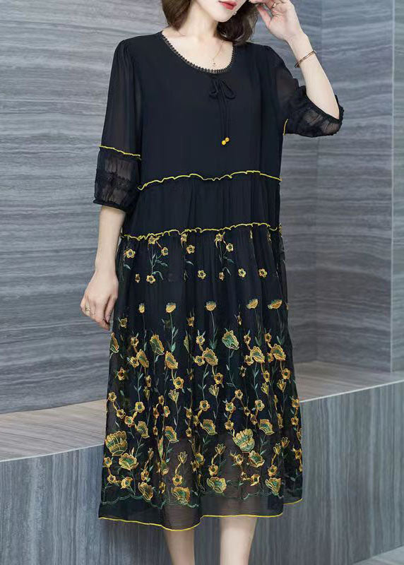 Italian Black Embroideried Wrinkled Patchwork Chiffon Dresses Summer