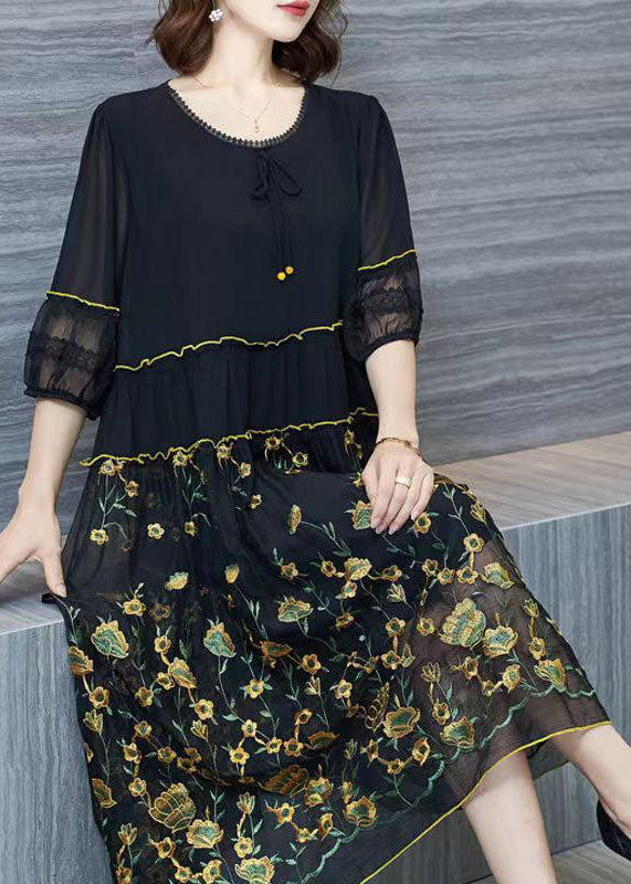 Italian Black Embroideried Wrinkled Patchwork Chiffon Dresses Summer