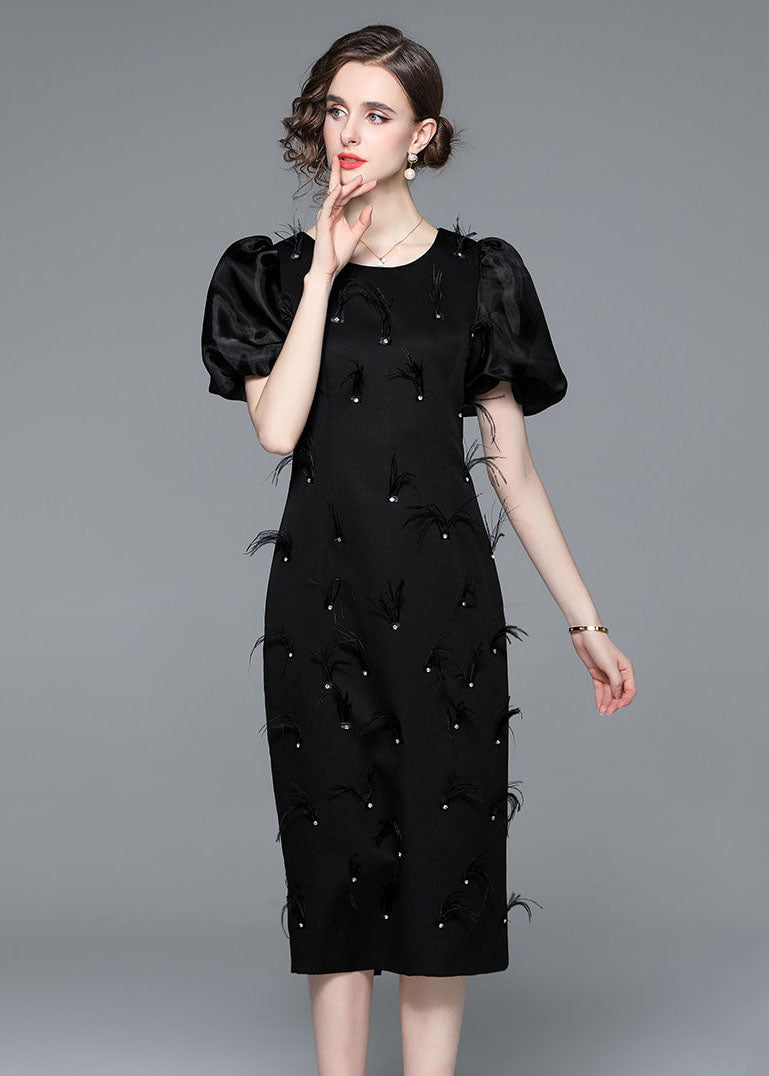 Italian Black Feather Zircon Patchwork Silk Long Dresses Puff Sleeve
