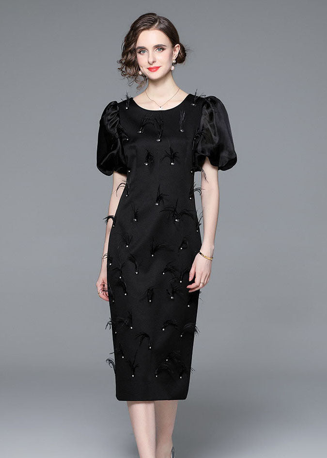 Italian Black Feather Zircon Patchwork Silk Long Dresses Puff Sleeve