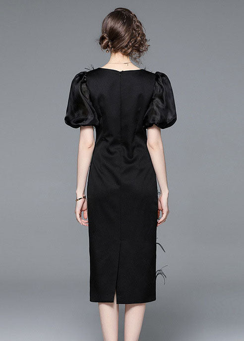 Italian Black Feather Zircon Patchwork Silk Long Dresses Puff Sleeve