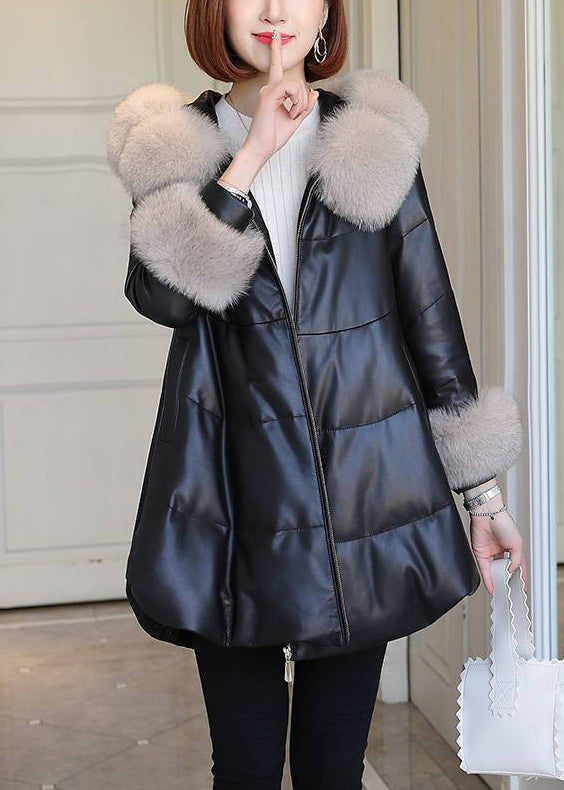 Italian Black Fur Collar Faux Leather Fine Cotton Filled Puffer Jacket Winter