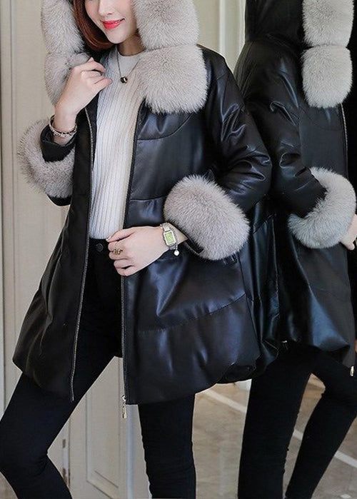 Italian Black Fur Collar Faux Leather Fine Cotton Filled Puffer Jacket Winter