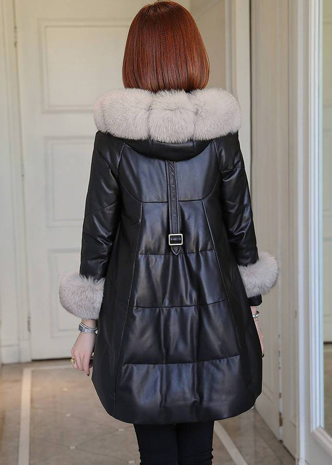 Italian Black Fur Collar Faux Leather Fine Cotton Filled Puffer Jacket Winter