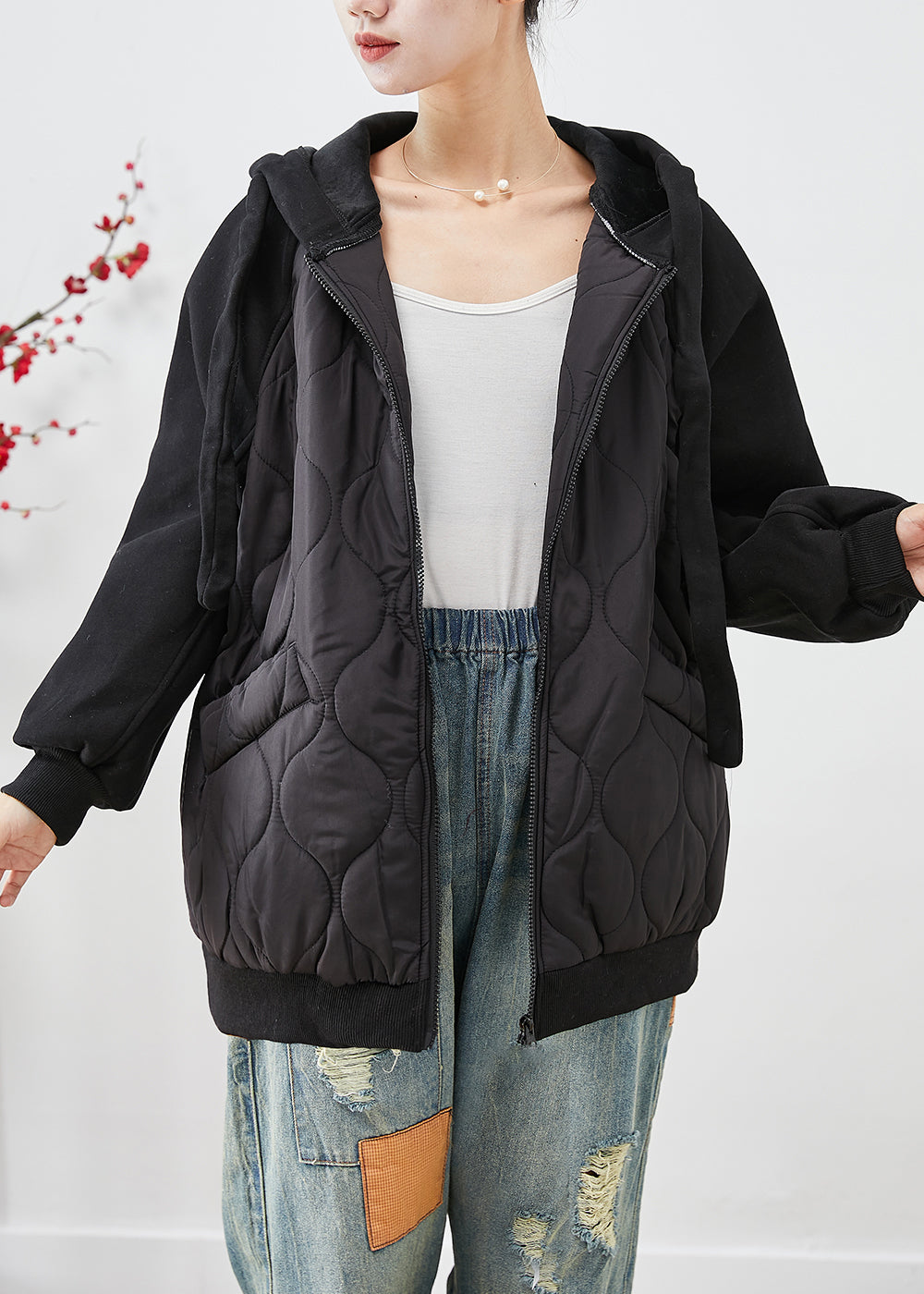 Italian Black Hooded Patchwork Fine Cotton Filled Jackets Winter