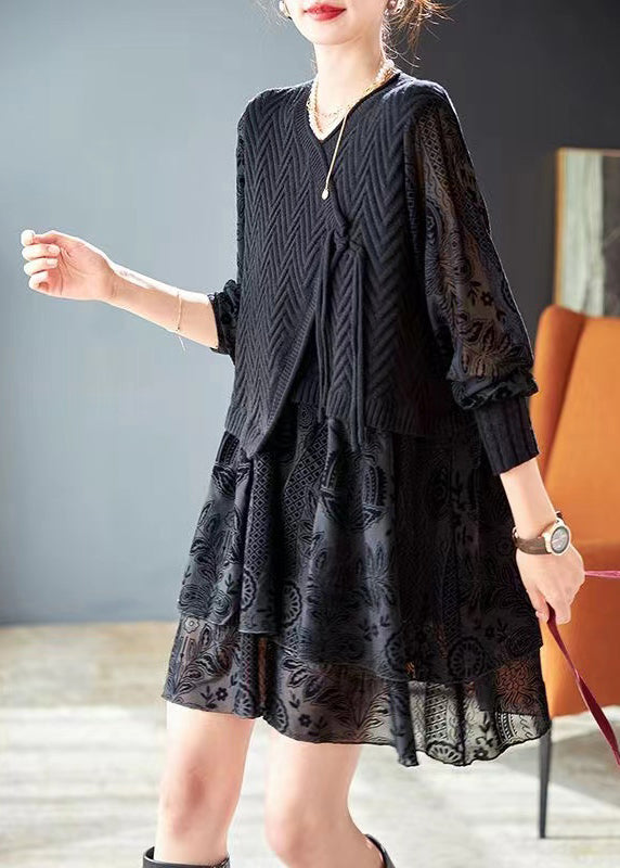 Italian Black Jacquard Patchwork False Two Pieces Knit Short Dress Spring