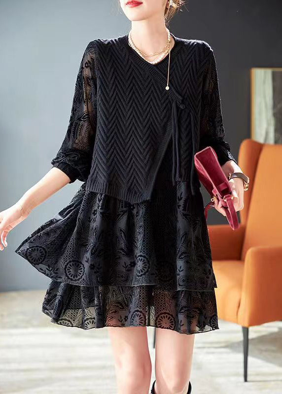 Italian Black Jacquard Patchwork False Two Pieces Knit Short Dress Spring