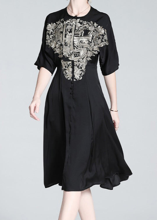 Italian Black O-Neck Embroideried Button Silk Long Dress Summer