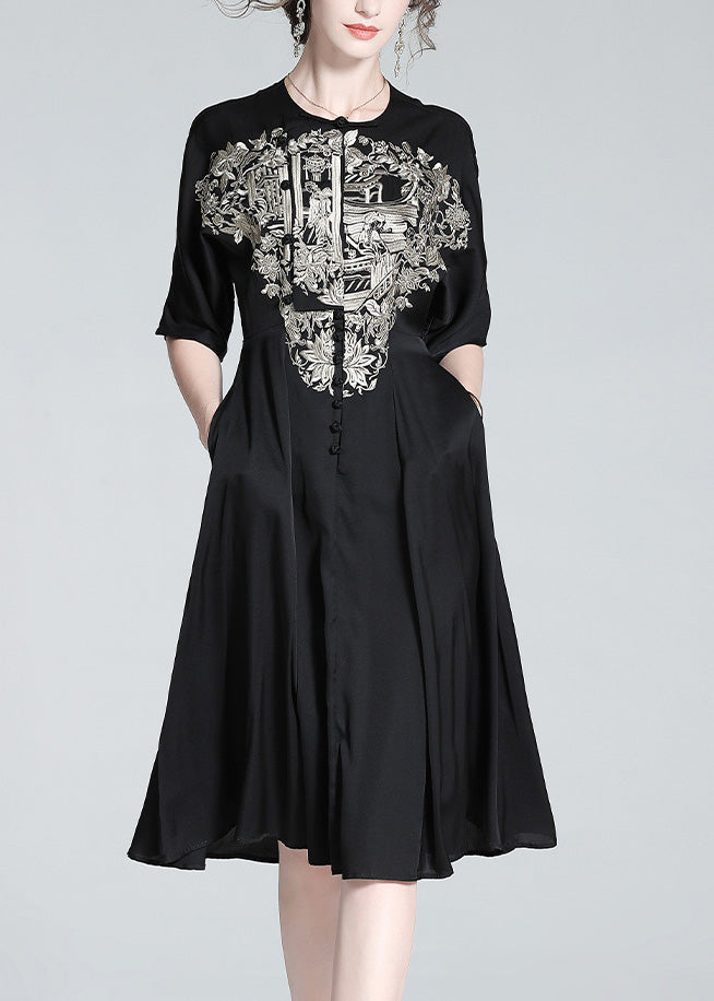 Italian Black O-Neck Embroideried Button Silk Long Dress Summer