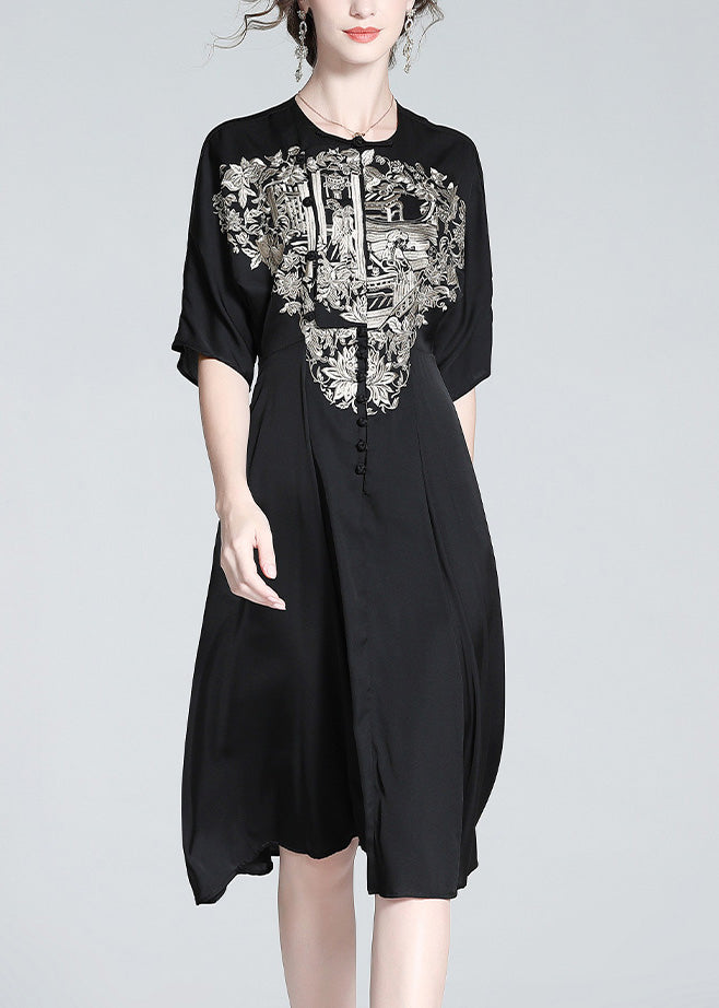 Italian Black O-Neck Embroideried Button Silk Long Dress Summer
