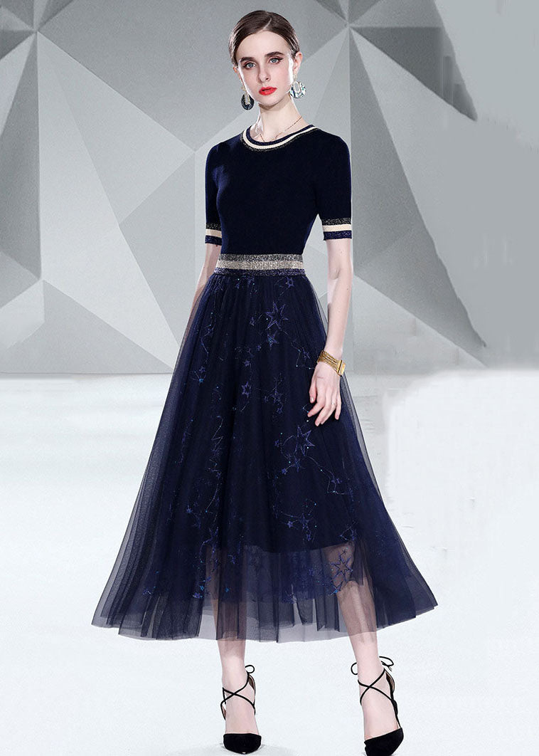 Italian Black O Neck Knit Tops And Tulle Skirts Embroideried  2 Piece Summer