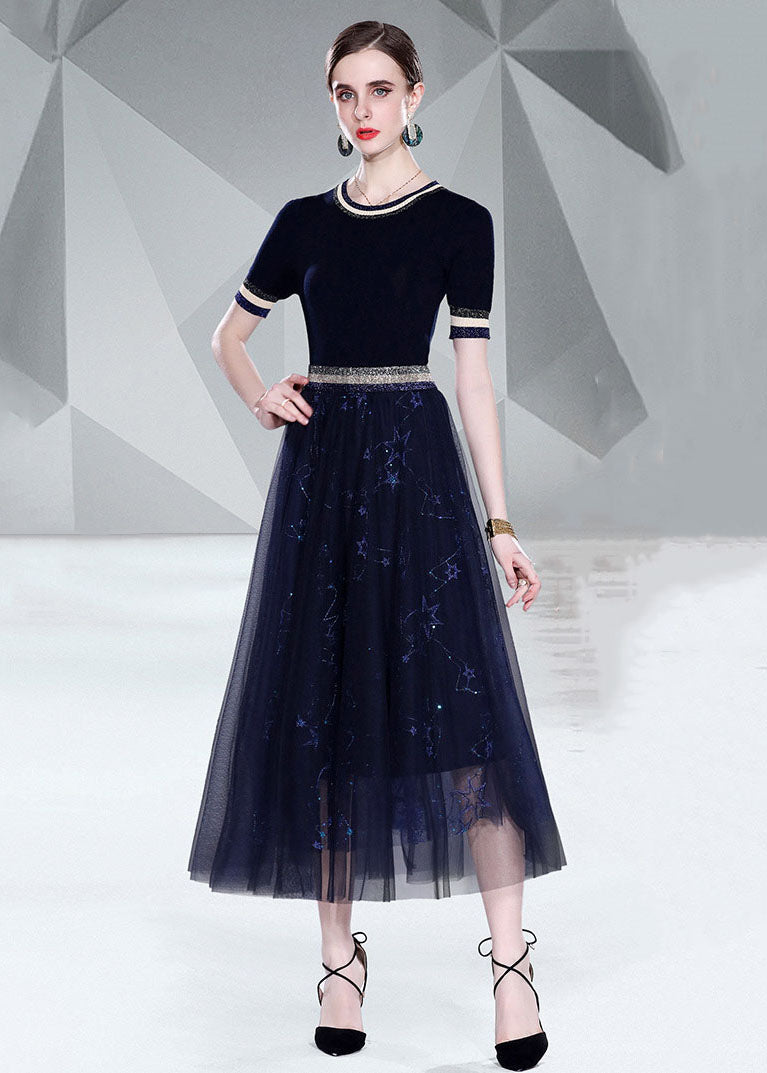 Italian Black O Neck Knit Tops And Tulle Skirts Embroideried  2 Piece Summer