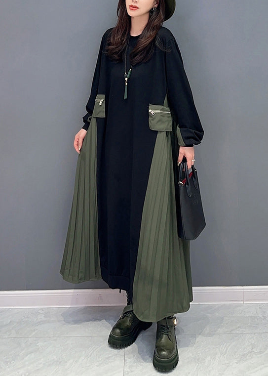 Italian Black O Neck Wrinkled Patchwork Cotton Long Dresses Fall