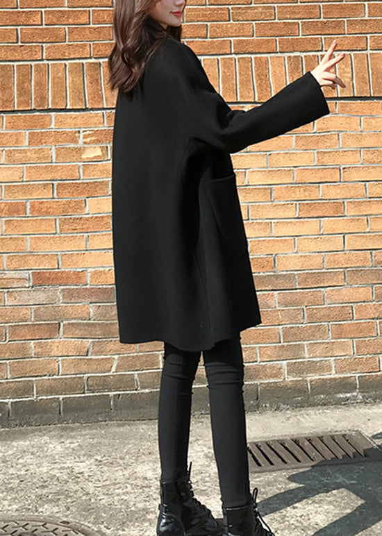 Italian Black Peter Pan Collar Pockets Patchwork Woolen Coats Fall